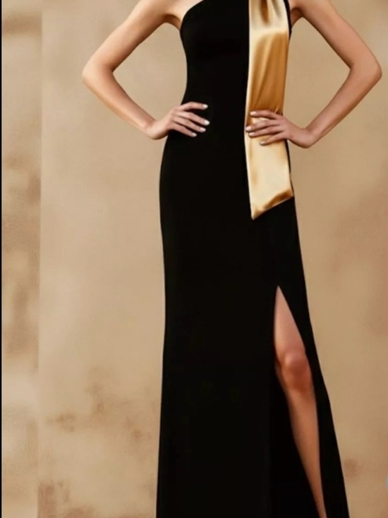 One-Shoulder Black Evening Gown with Gold Scarf. Plus Size Available - Picture 5 of 5